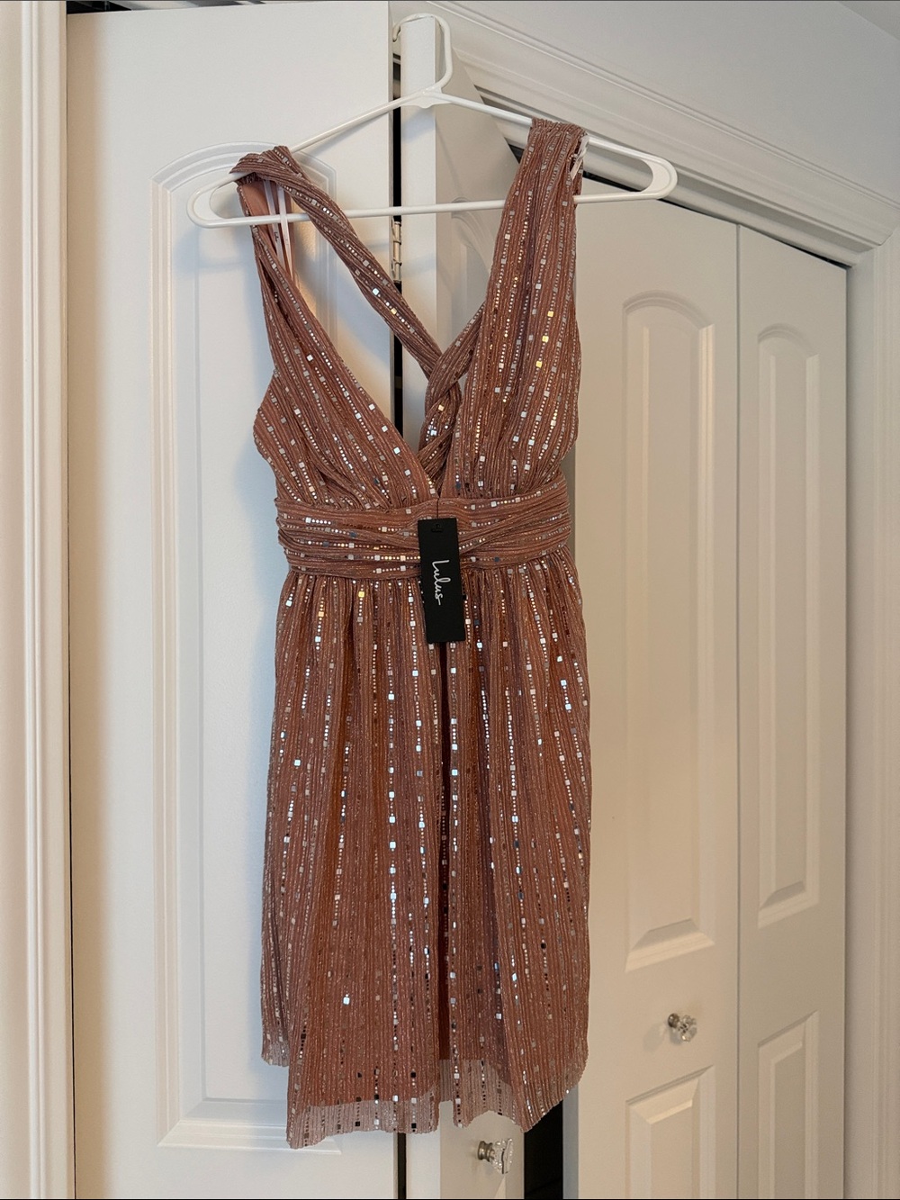 Lulu's Rose Gold Sequin V-Neck Mini Dress